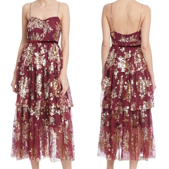 Jewel Badgley Mischka Tiered Metallic Tulle Midi Dress - Picture 1 of 13